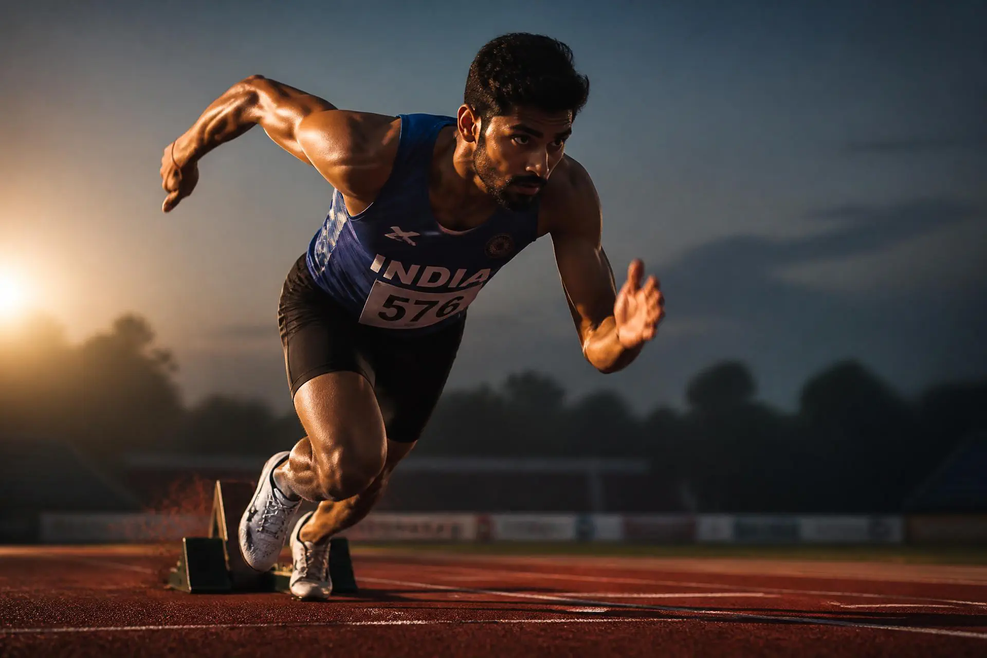 Athlete driving out of the starting blocks on a red running track at sunrise