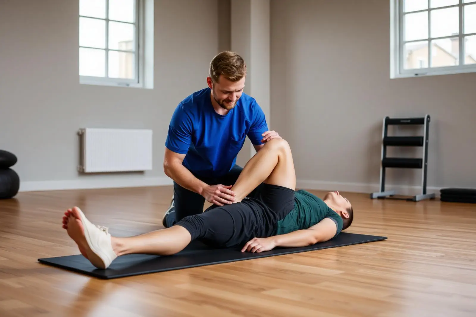 Coach guiding a client through a supervised knee rehabilitation exercise