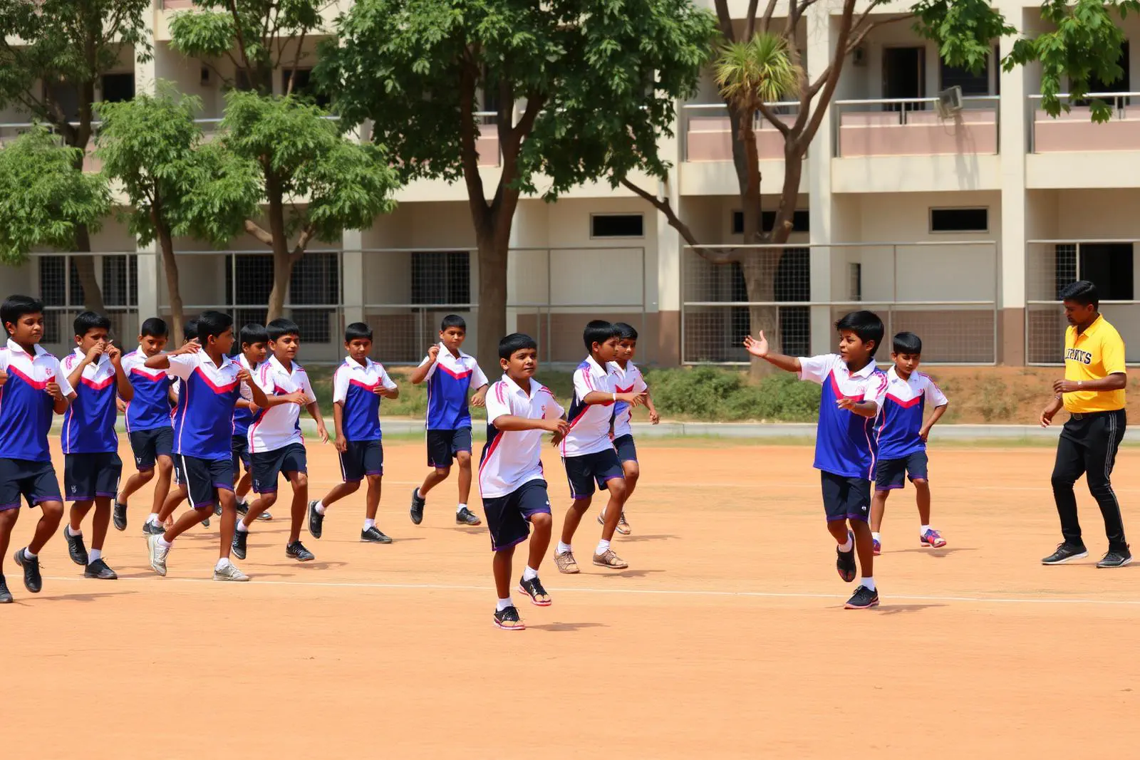 School students running athletics drills with a coach on a campus ground