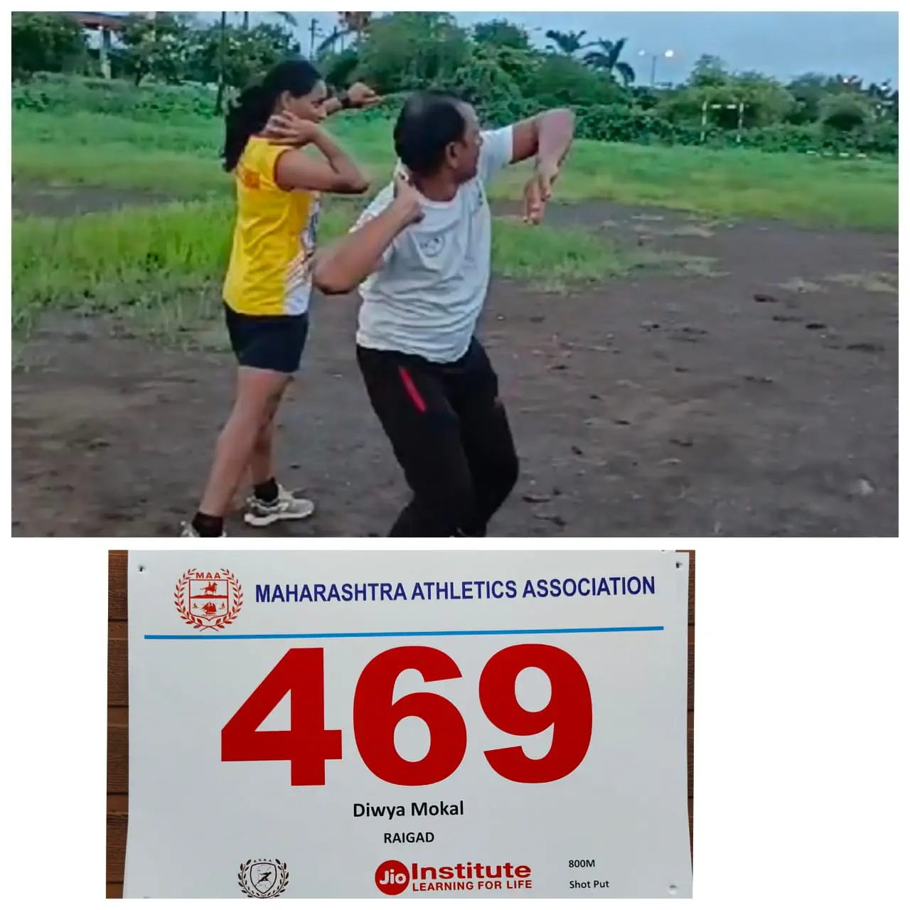 Coach Prashant instructing athlete Diwya Mokal on shot put technique